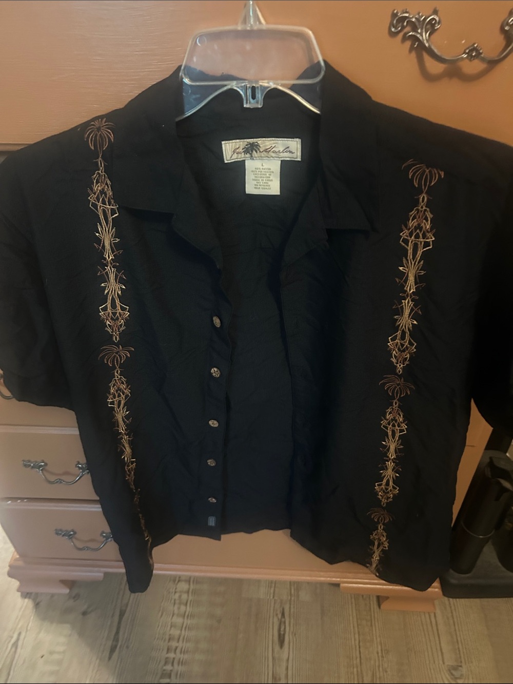 Men's Black Short-Sleeve Button-Down Shirt with Tan Embroidery